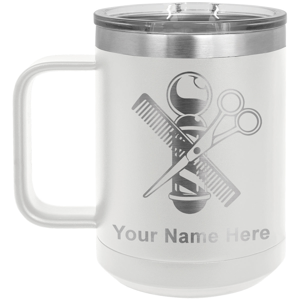 15oz Vacuum Insulated Coffee Mug, Barber Shop Pole, Personalized Engraving Included