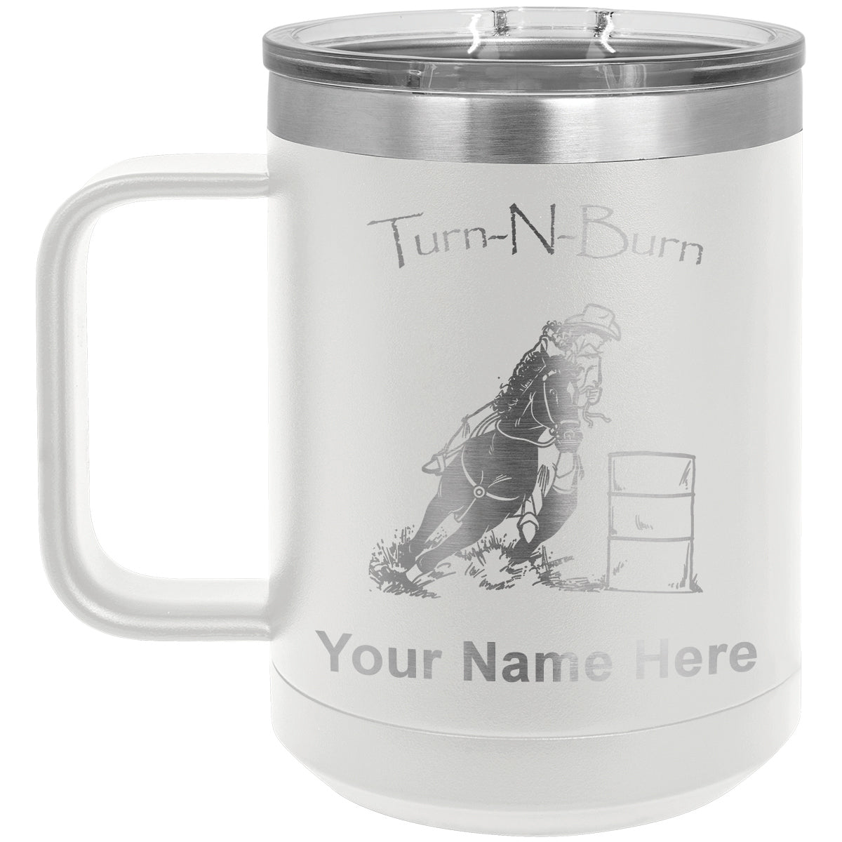 15oz Vacuum Insulated Coffee Mug, Barrel Racer Turn N Burn, Personalized Engraving Included