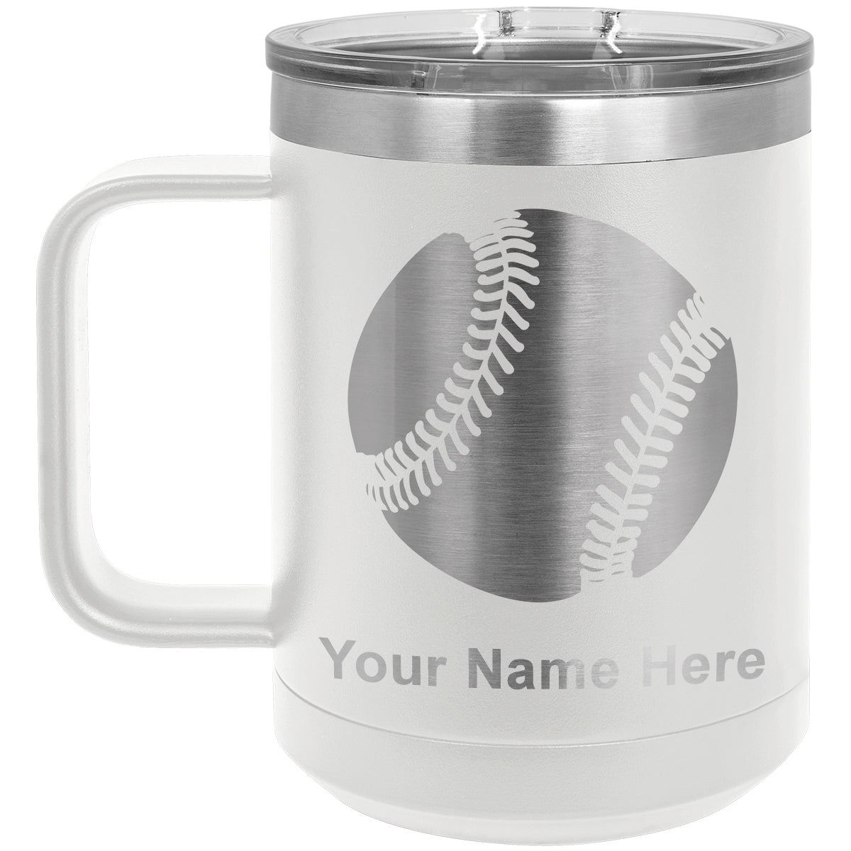 15oz Vacuum Insulated Coffee Mug, Baseball Ball, Personalized Engraving Included