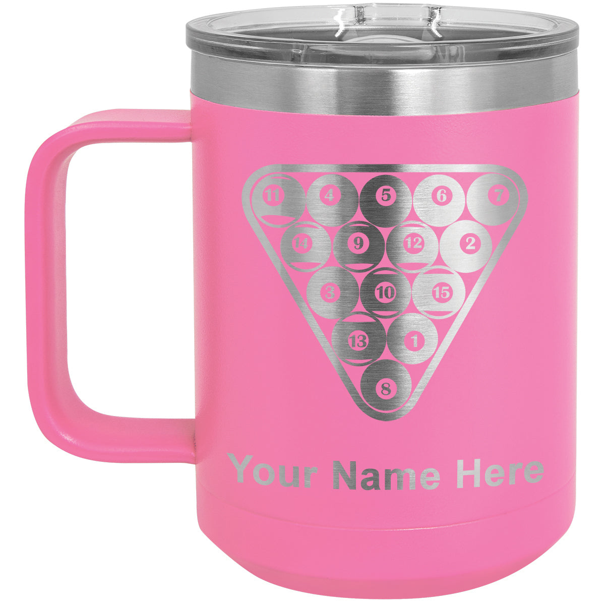 15oz Vacuum Insulated Coffee Mug, Billiard Balls, Personalized Engraving Included
