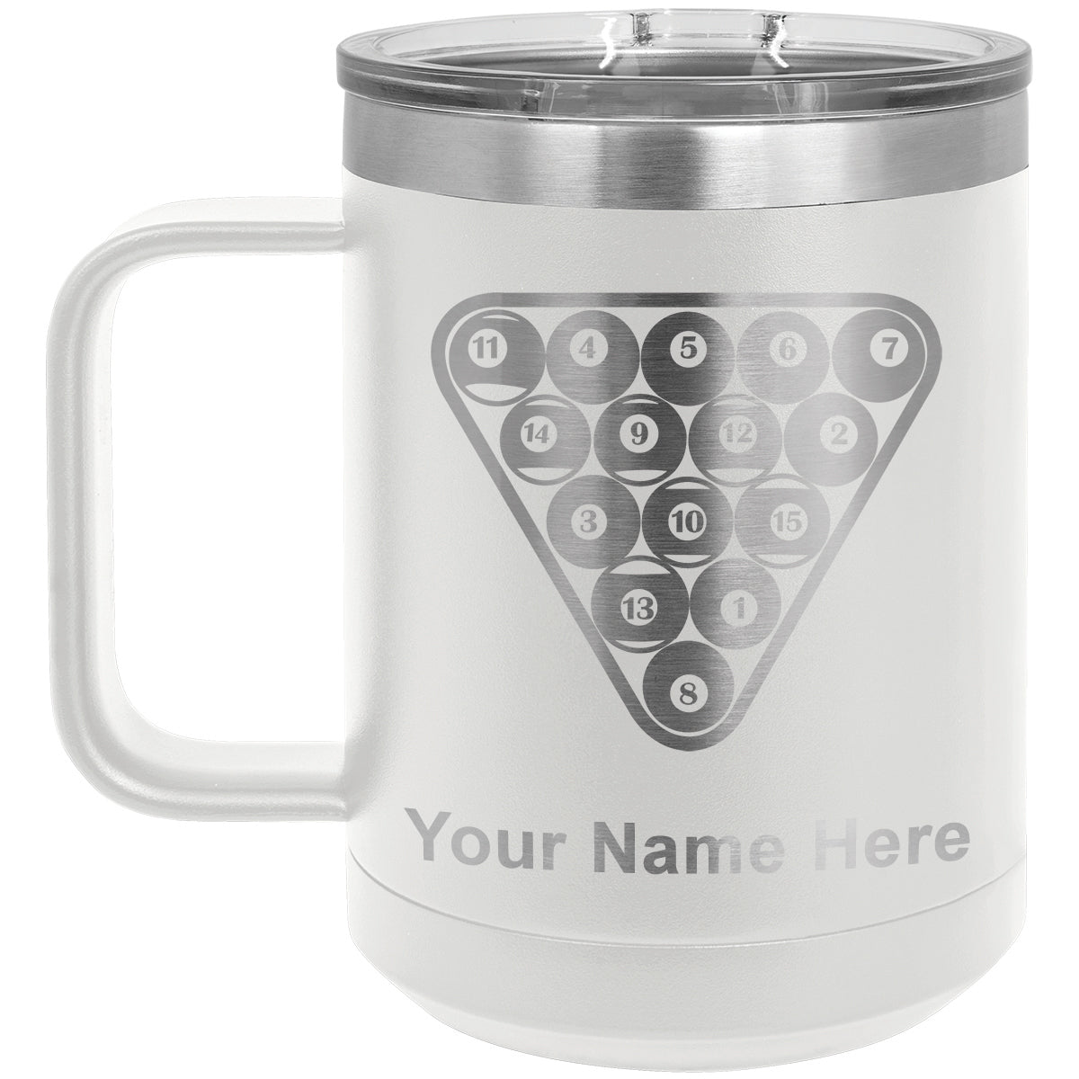 15oz Vacuum Insulated Coffee Mug, Billiard Balls, Personalized Engraving Included