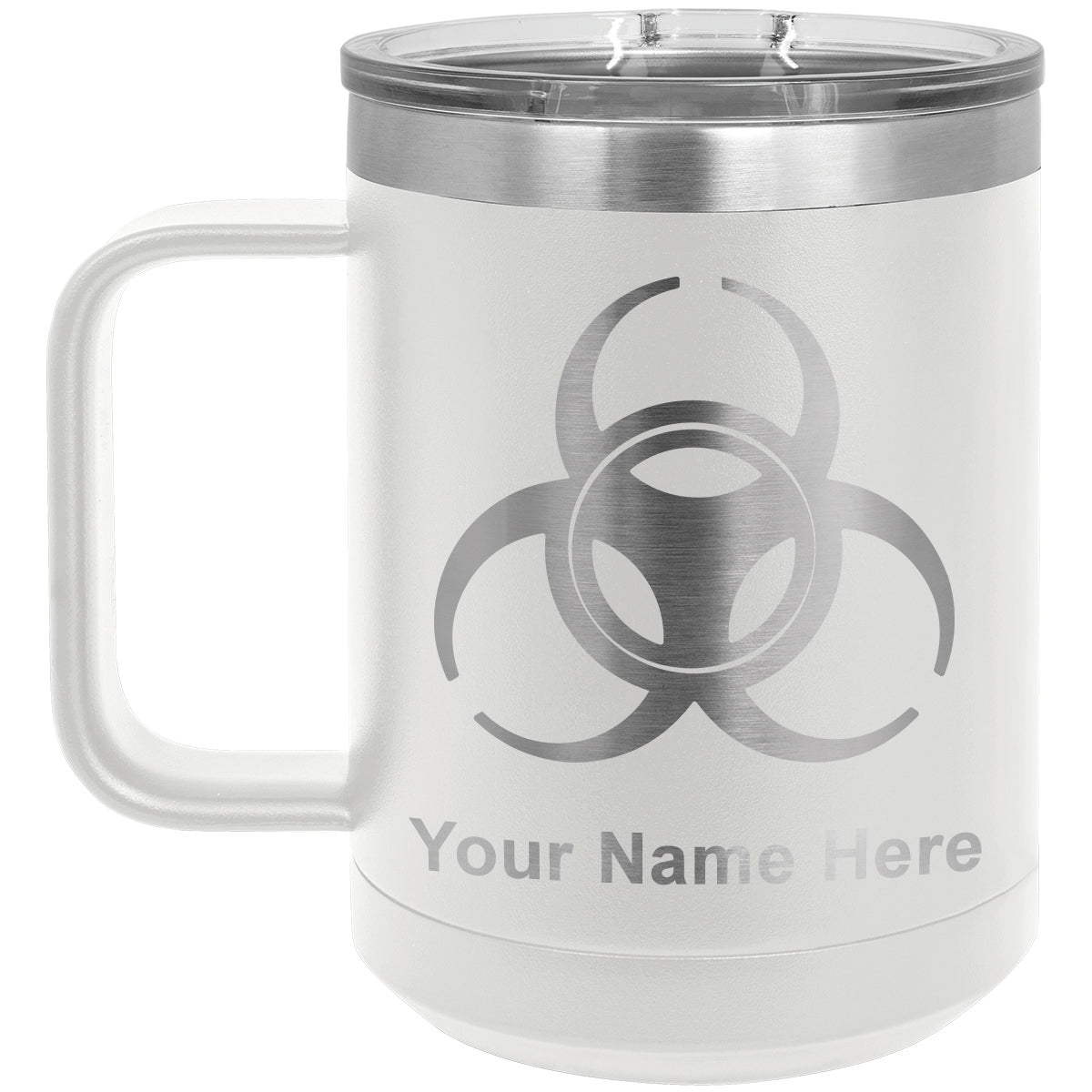 15oz Vacuum Insulated Coffee Mug, Biohazard Symbol, Personalized Engraving Included