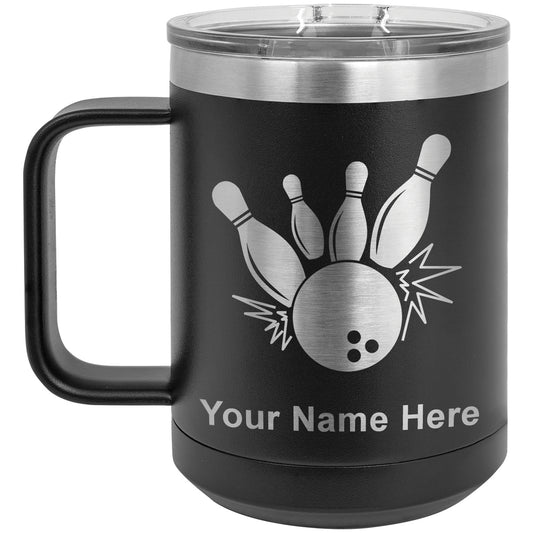 15oz Vacuum Insulated Coffee Mug, Bowling Ball and Pins, Personalized Engraving Included