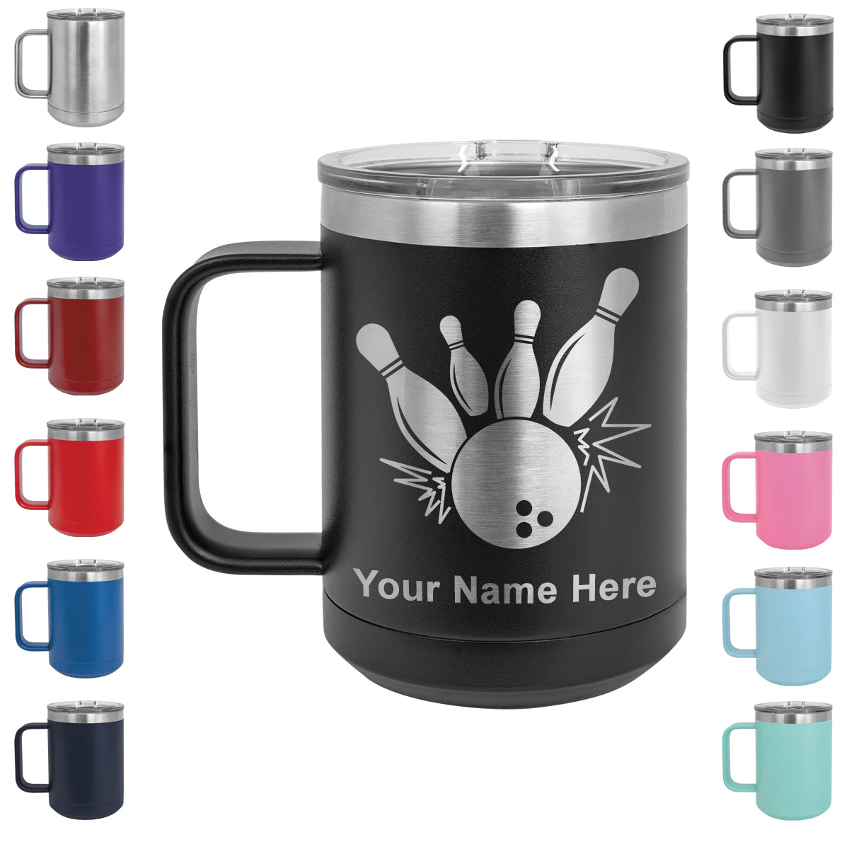 15oz Vacuum Insulated Coffee Mug, Bowling Ball and Pins, Personalized Engraving Included