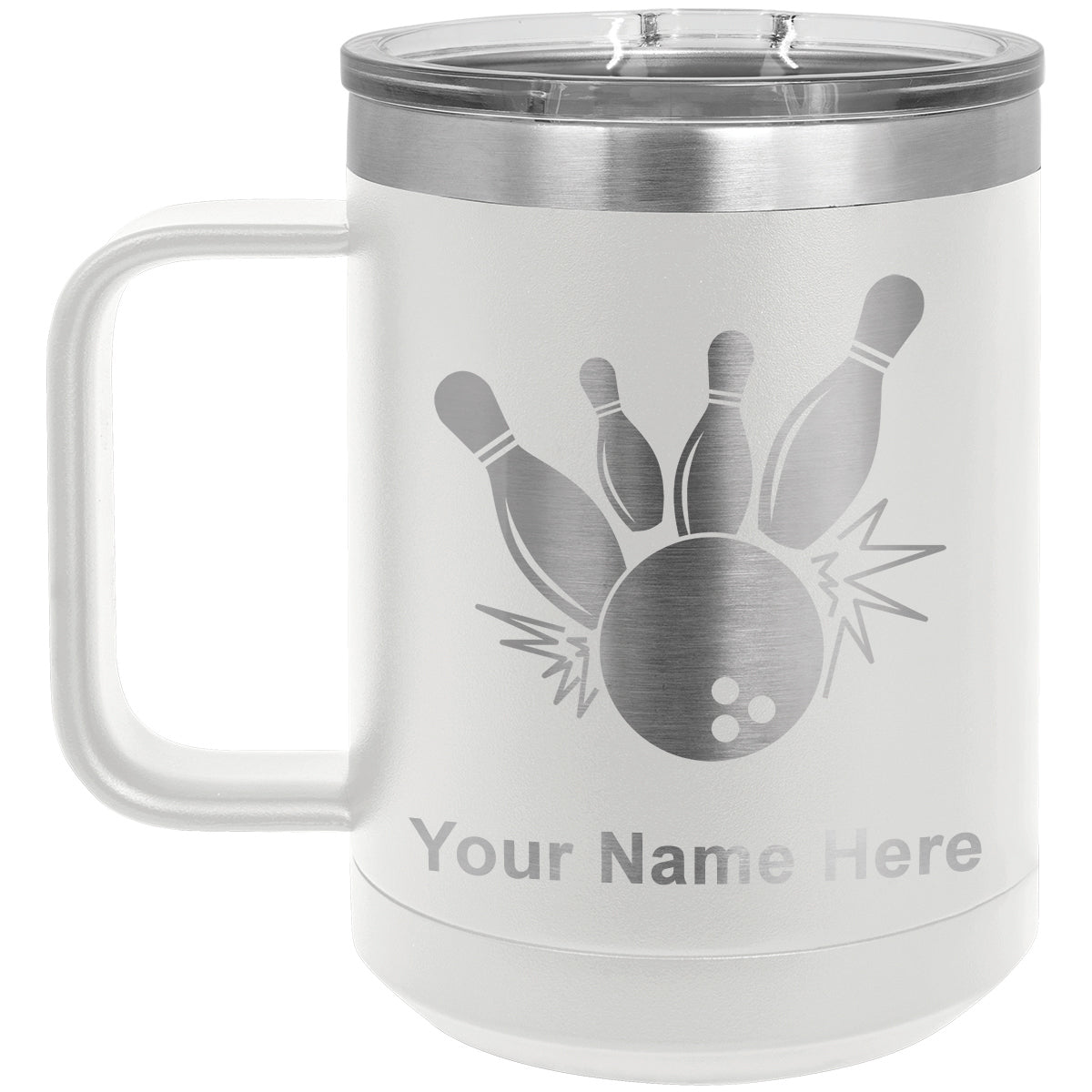 15oz Vacuum Insulated Coffee Mug, Bowling Ball and Pins, Personalized Engraving Included