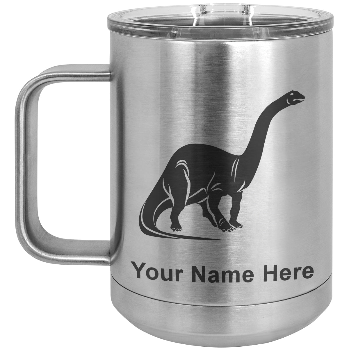 15oz Vacuum Insulated Coffee Mug, Brontosaurus Dinosaur, Personalized Engraving Included