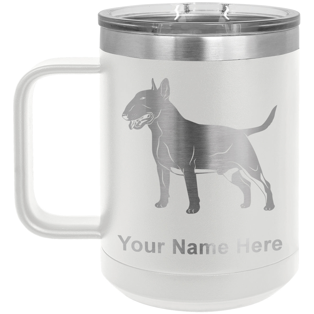 15oz Vacuum Insulated Coffee Mug, Bull Terrier Dog, Personalized Engraving Included