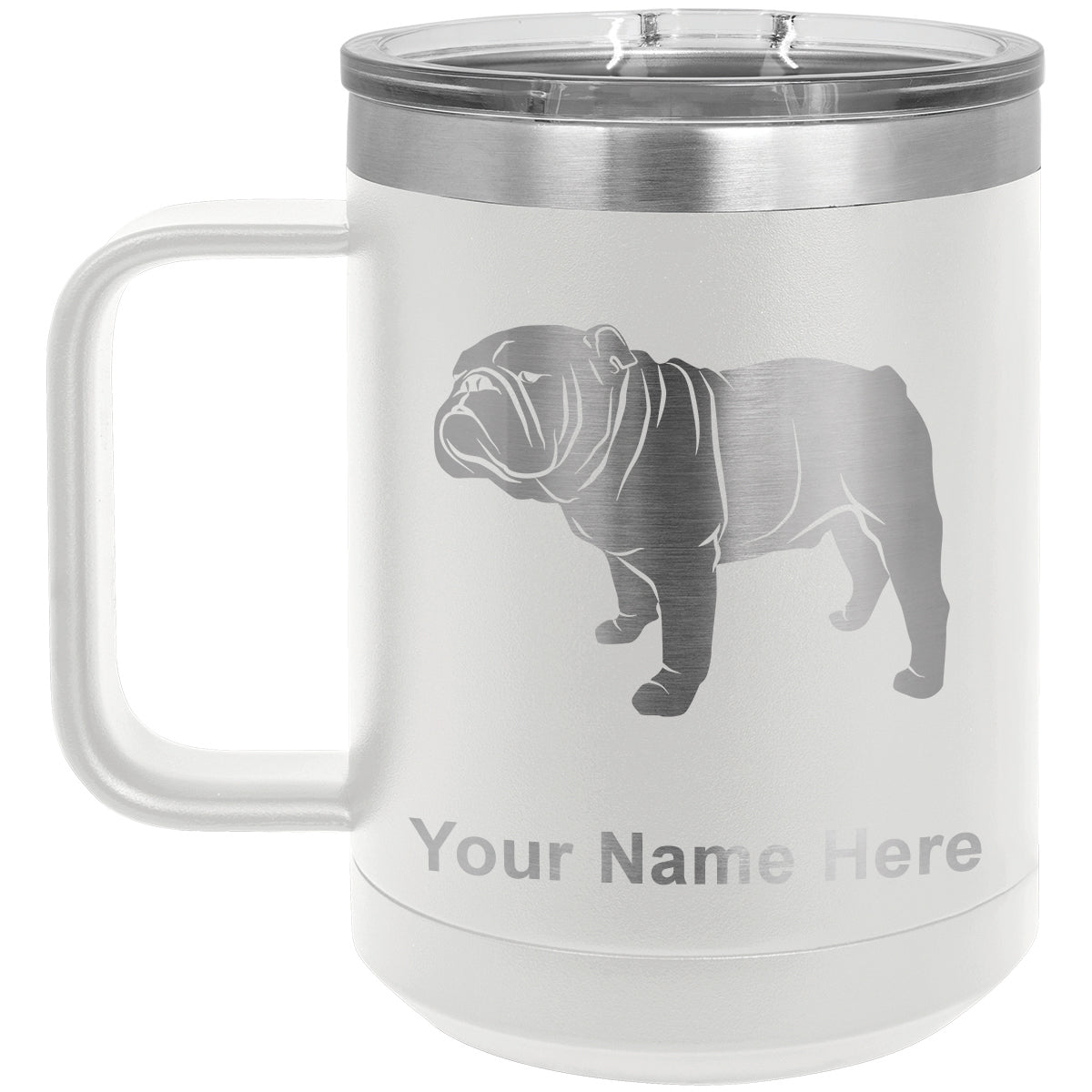 15oz Vacuum Insulated Coffee Mug, Bulldog Dog, Personalized Engraving Included