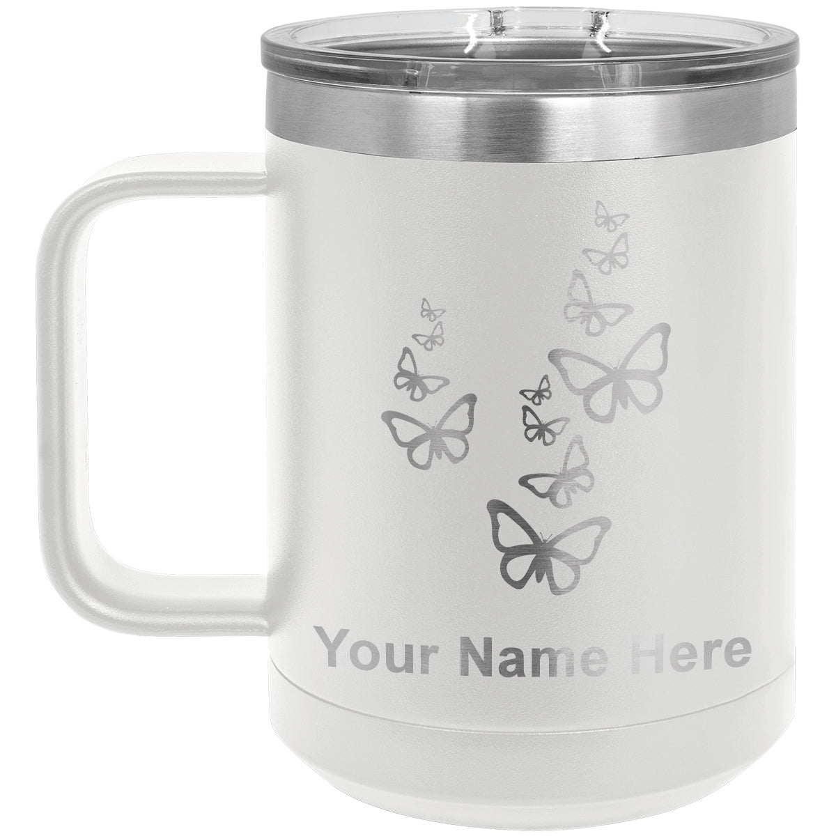 15oz Vacuum Insulated Coffee Mug, Butterflies, Personalized Engraving Included