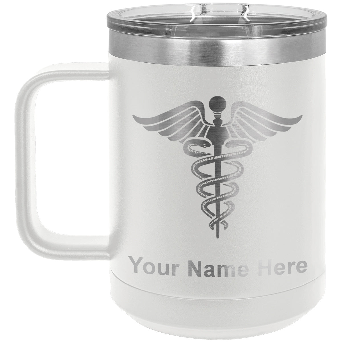 15oz Vacuum Insulated Coffee Mug, Caduceus Medical Symbol, Personalized Engraving Included