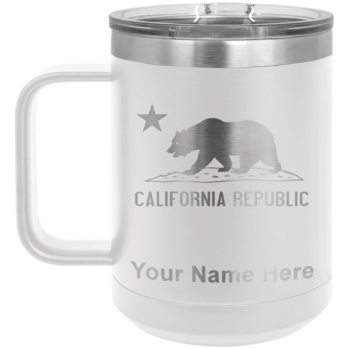 15oz Vacuum Insulated Coffee Mug, California Republic Bear Flag, Personalized Engraving Included