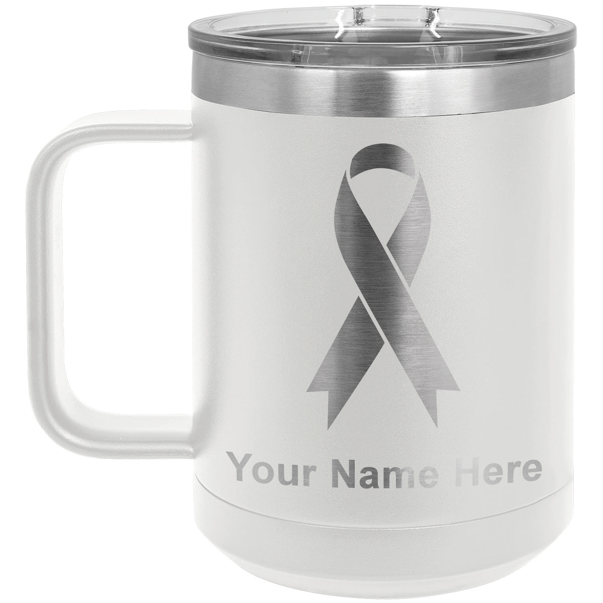15oz Vacuum Insulated Coffee Mug, Cancer Awareness Ribbon, Personalized Engraving Included