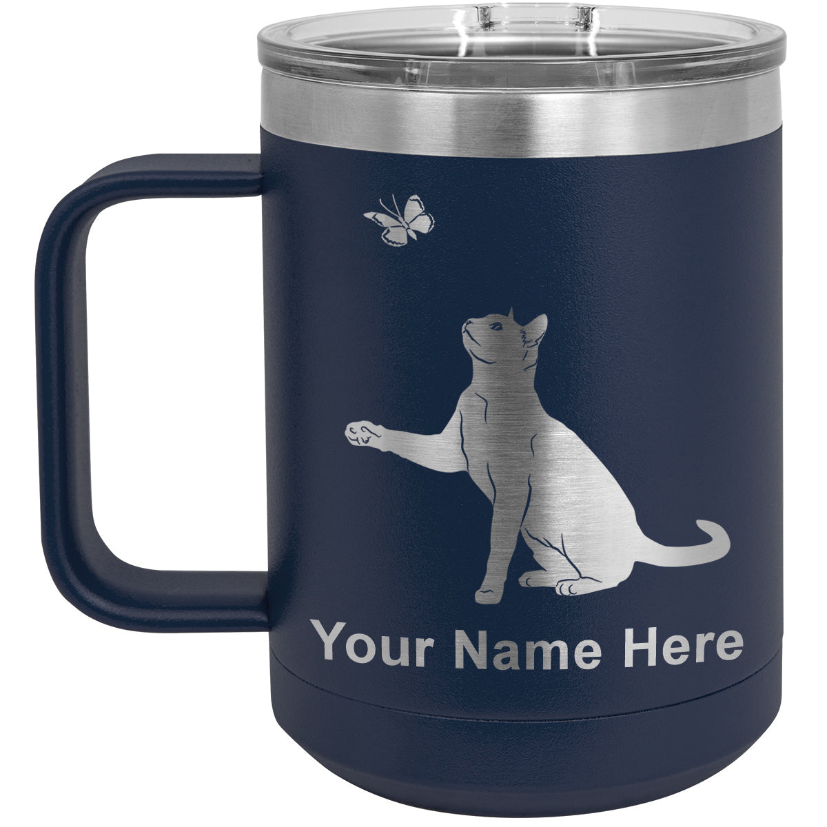 15oz Vacuum Insulated Coffee Mug, Cat with Butterfly, Personalized Engraving Included