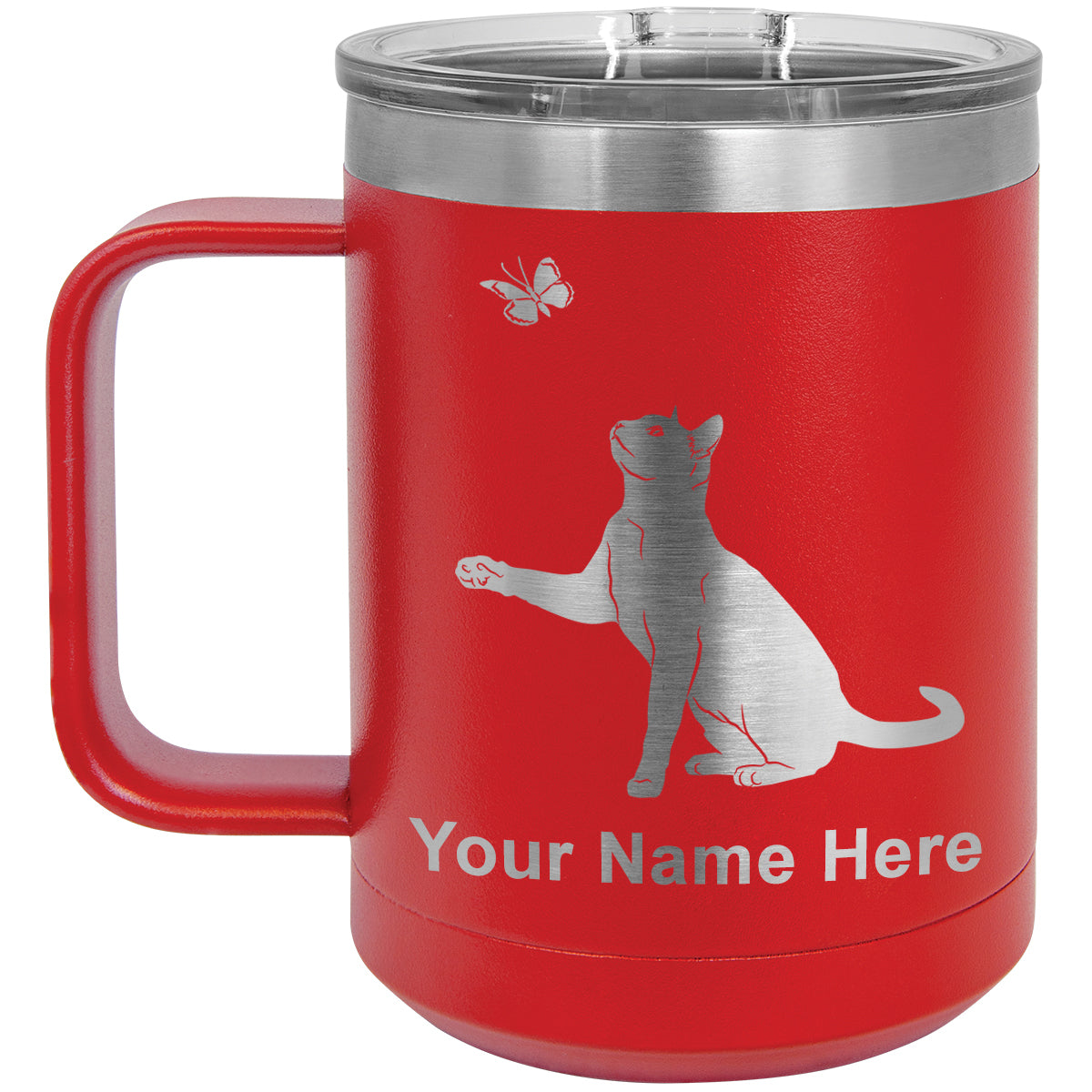 15oz Vacuum Insulated Coffee Mug, Cat with Butterfly, Personalized Engraving Included