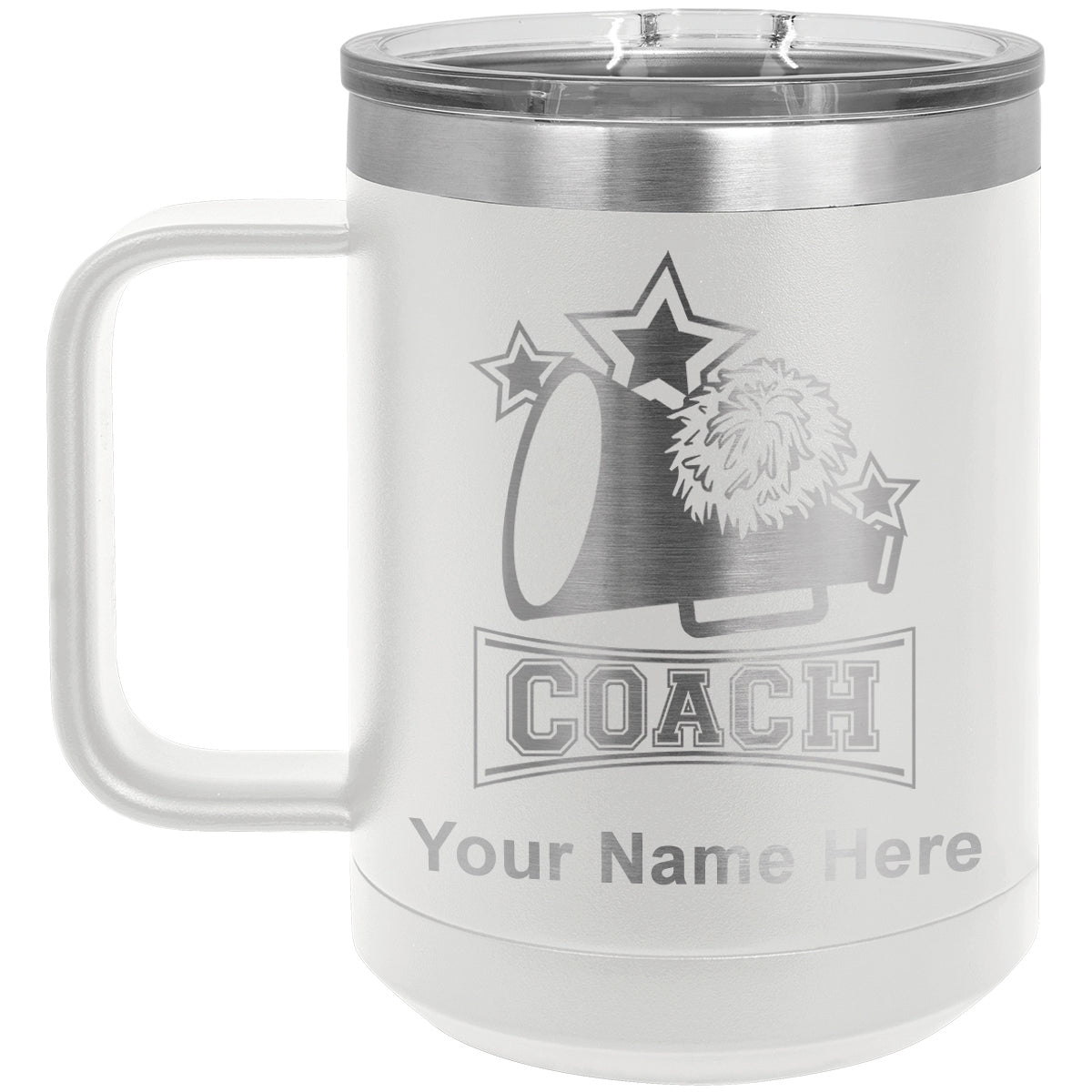15oz Vacuum Insulated Coffee Mug, Cheerleading Coach, Personalized Engraving Included