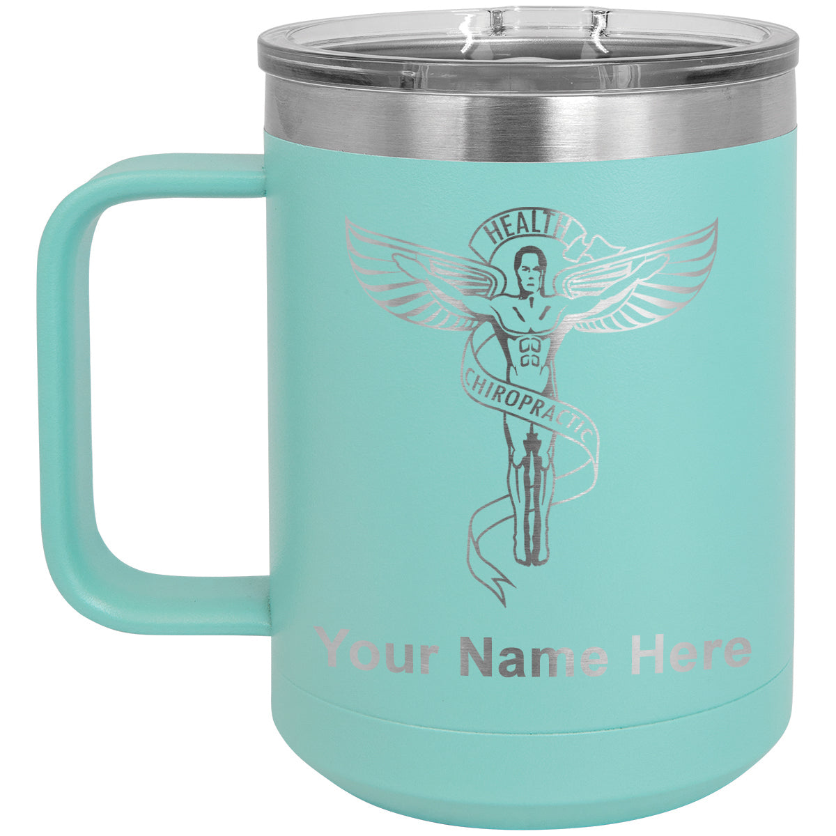 15oz Vacuum Insulated Coffee Mug, Chiropractic Symbol, Personalized Engraving Included