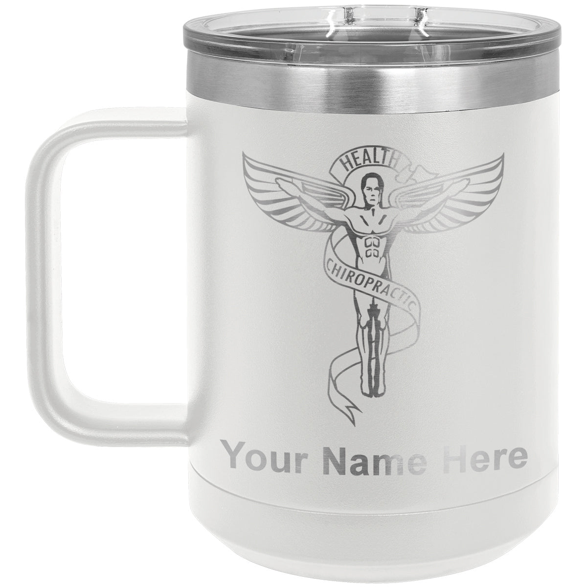 15oz Vacuum Insulated Coffee Mug, Chiropractic Symbol, Personalized Engraving Included