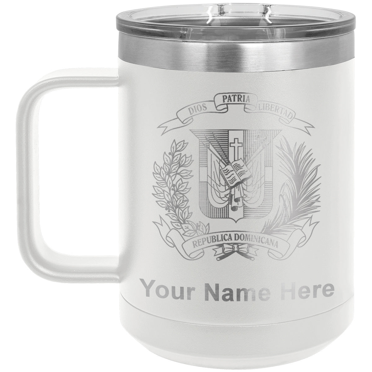 15oz Vacuum Insulated Coffee Mug, Coat of Arms Dominican Republic, Personalized Engraving Included