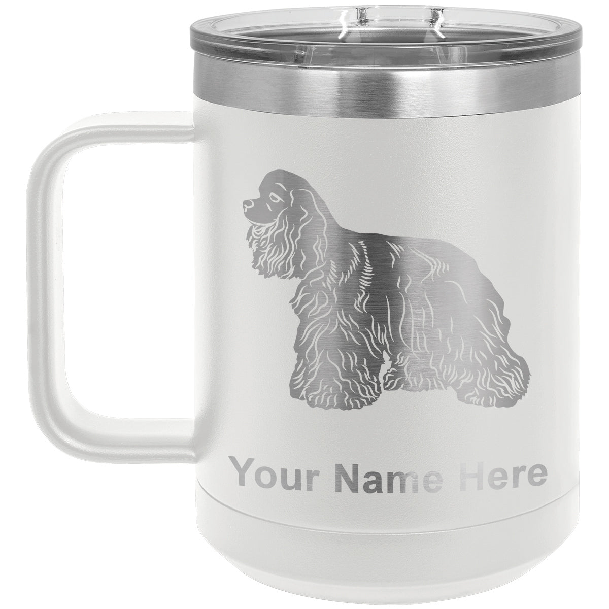 15oz Vacuum Insulated Coffee Mug, Cocker Spaniel Dog, Personalized Engraving Included