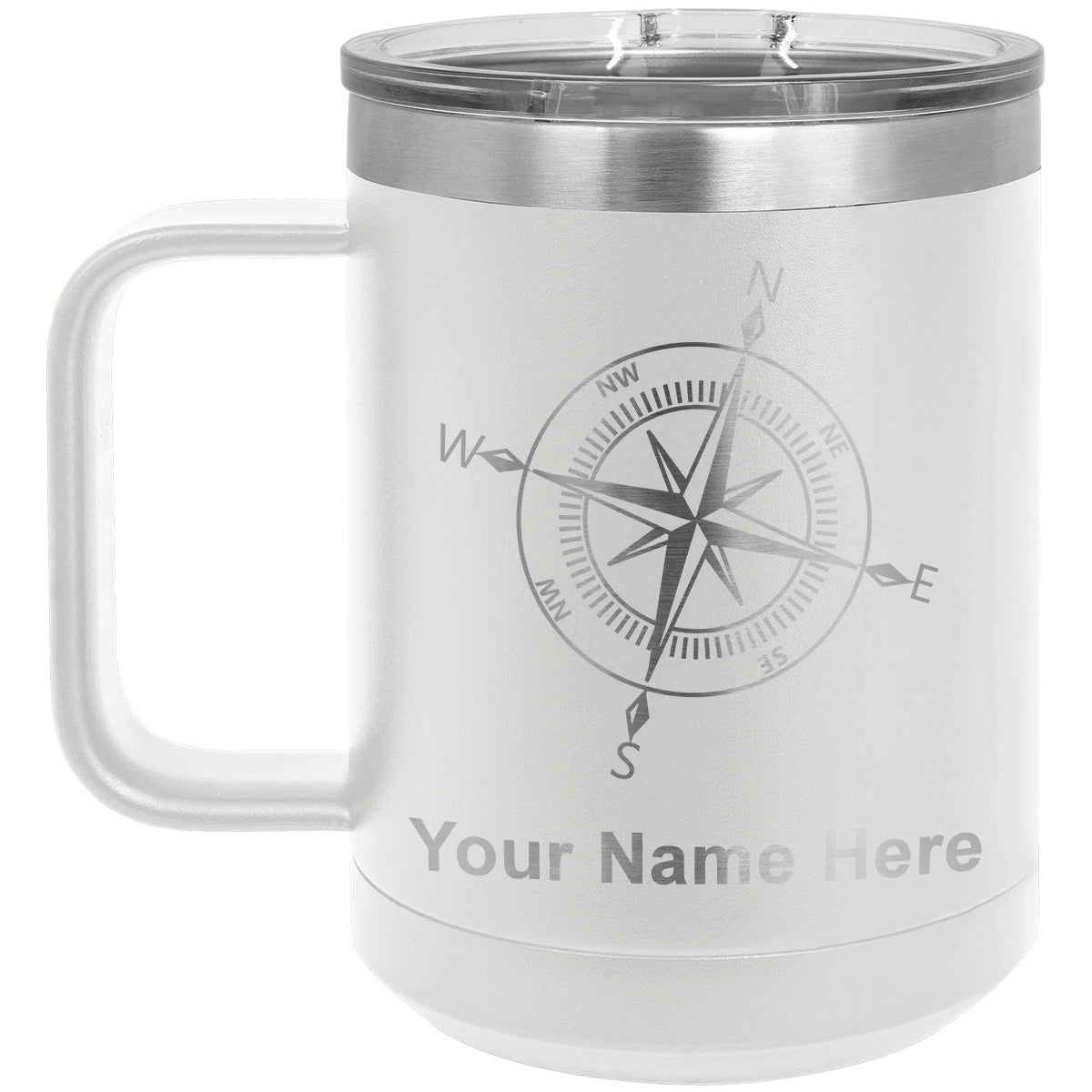 15oz Vacuum Insulated Coffee Mug, Compass Rose, Personalized Engraving Included