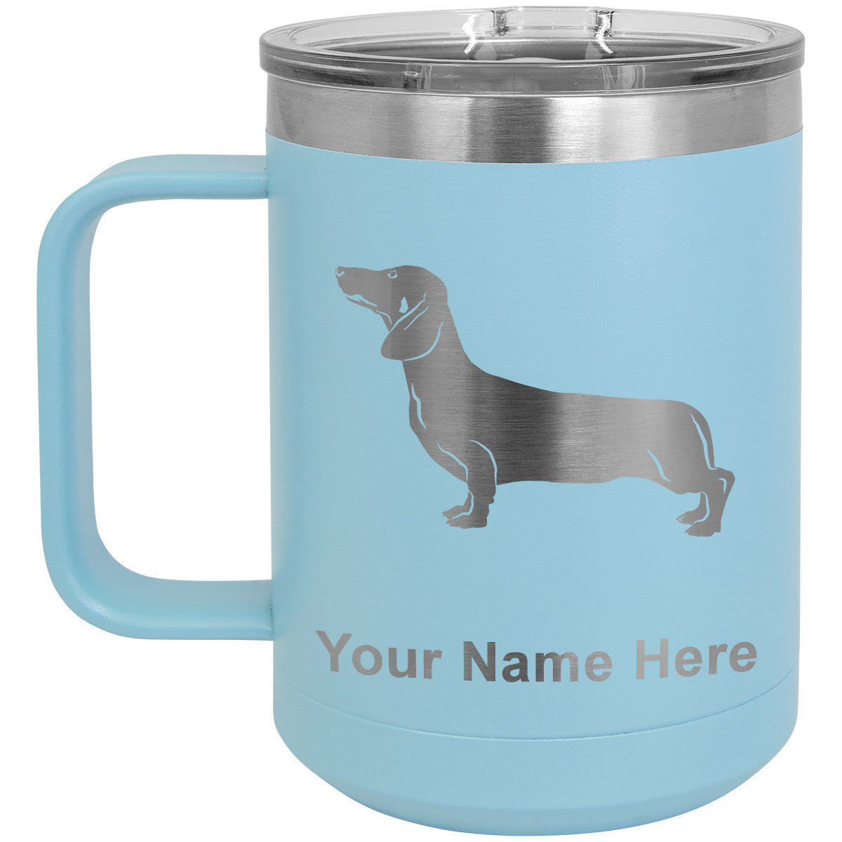 15oz Vacuum Insulated Coffee Mug, Dachshund Dog, Personalized Engraving Included