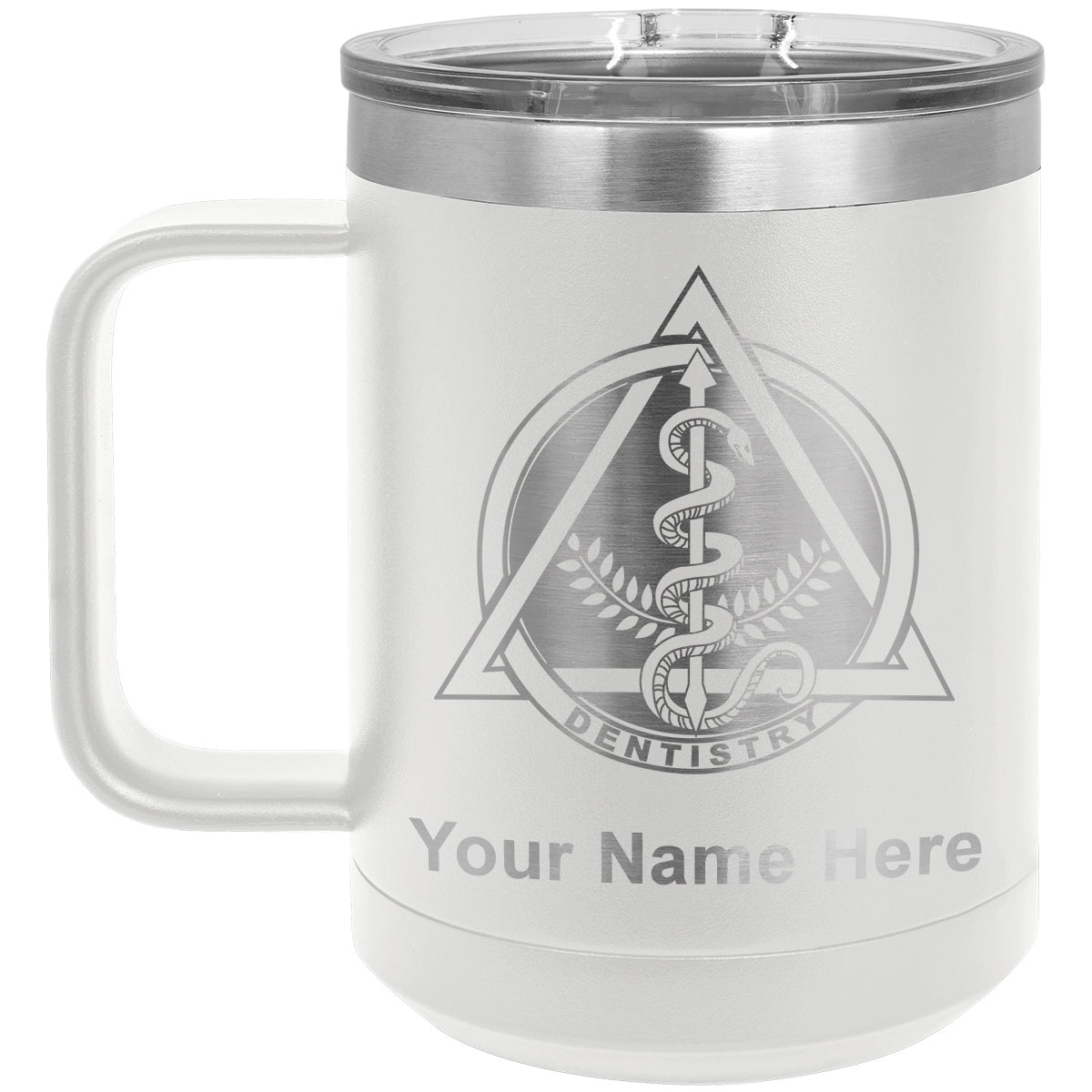 15oz Vacuum Insulated Coffee Mug, Dentist Symbol, Personalized Engraving Included