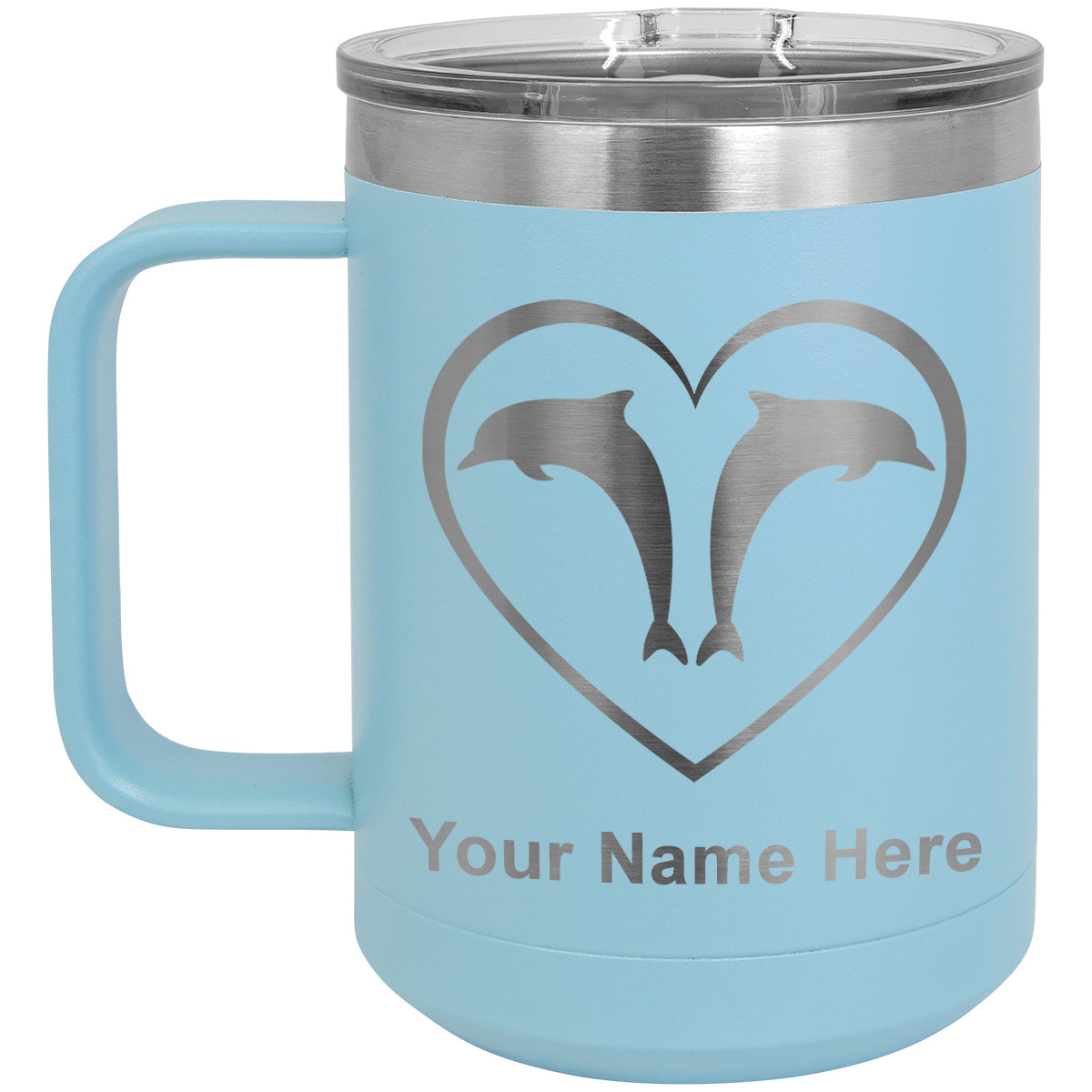 15oz Vacuum Insulated Coffee Mug, Dolphin Heart, Personalized Engraving Included