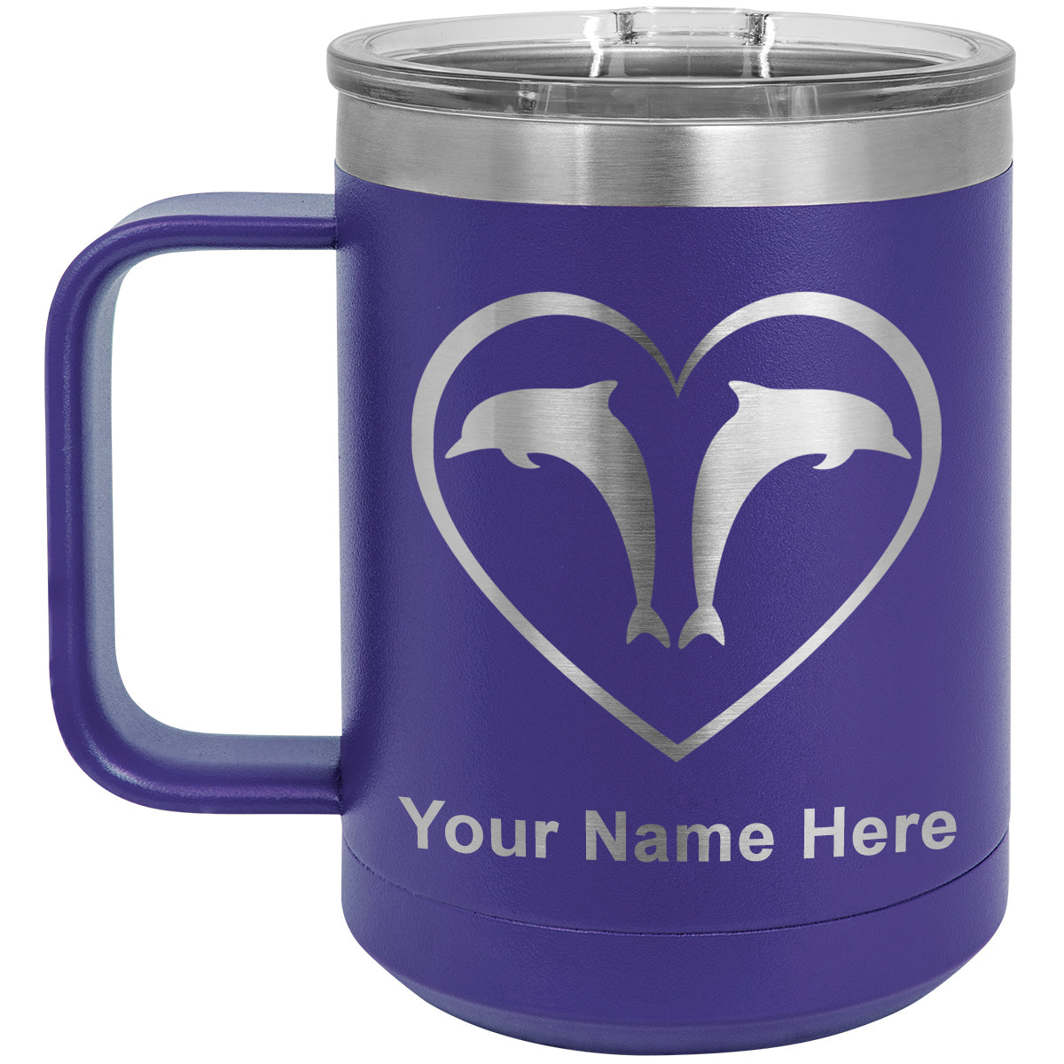 15oz Vacuum Insulated Coffee Mug, Dolphin Heart, Personalized Engraving Included