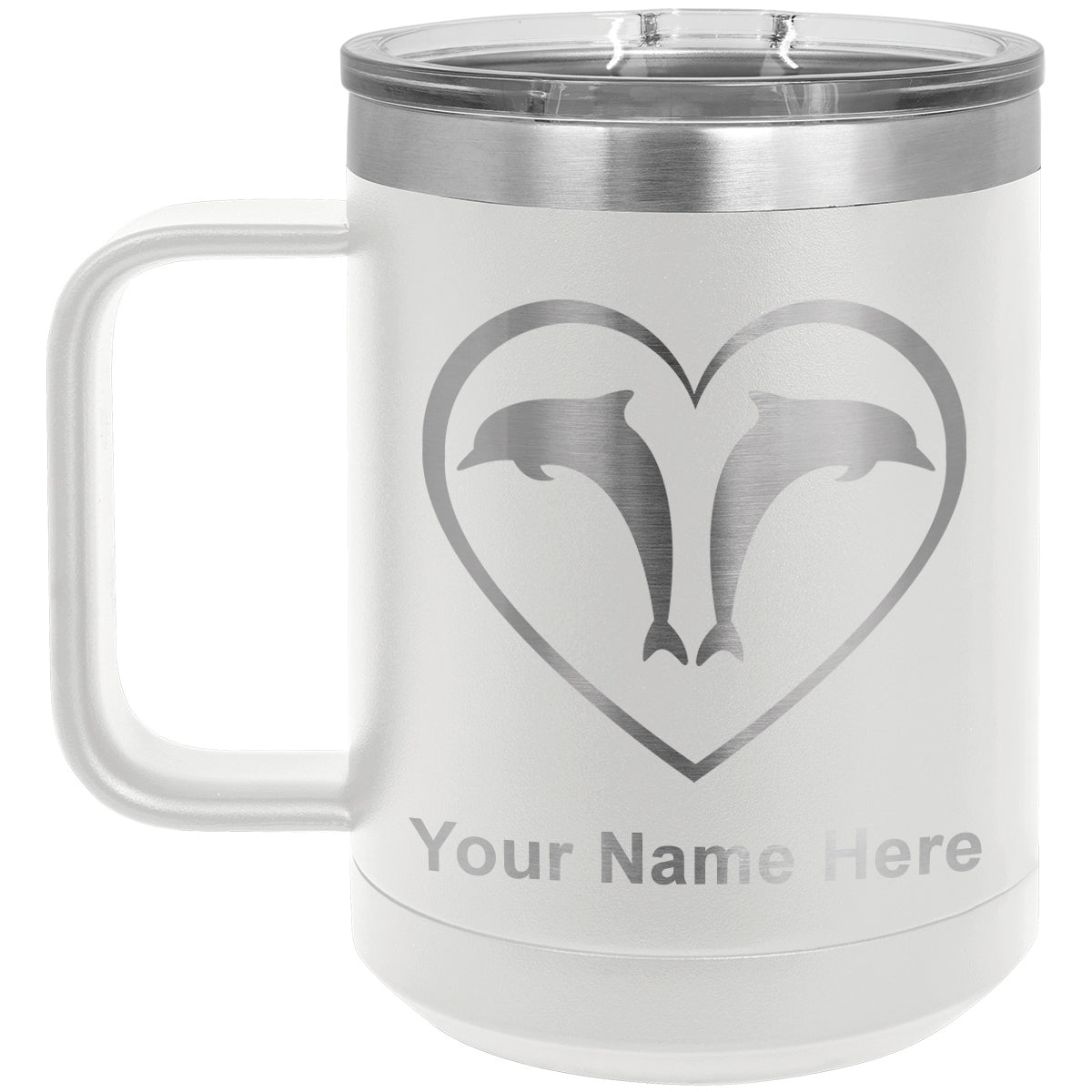 15oz Vacuum Insulated Coffee Mug, Dolphin Heart, Personalized Engraving Included