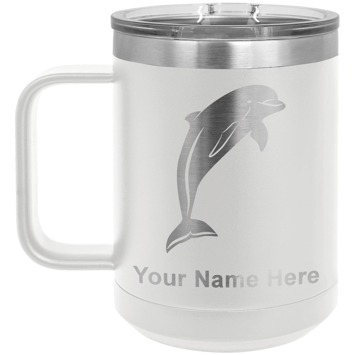15oz Vacuum Insulated Coffee Mug, Dolphin, Personalized Engraving Included