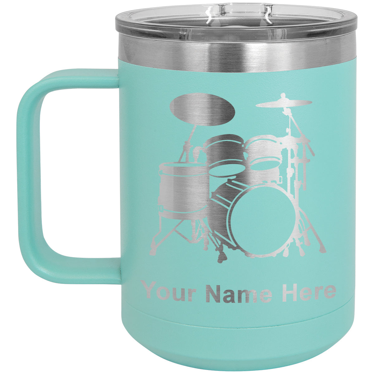 15oz Vacuum Insulated Coffee Mug, Drum Set, Personalized Engraving Included