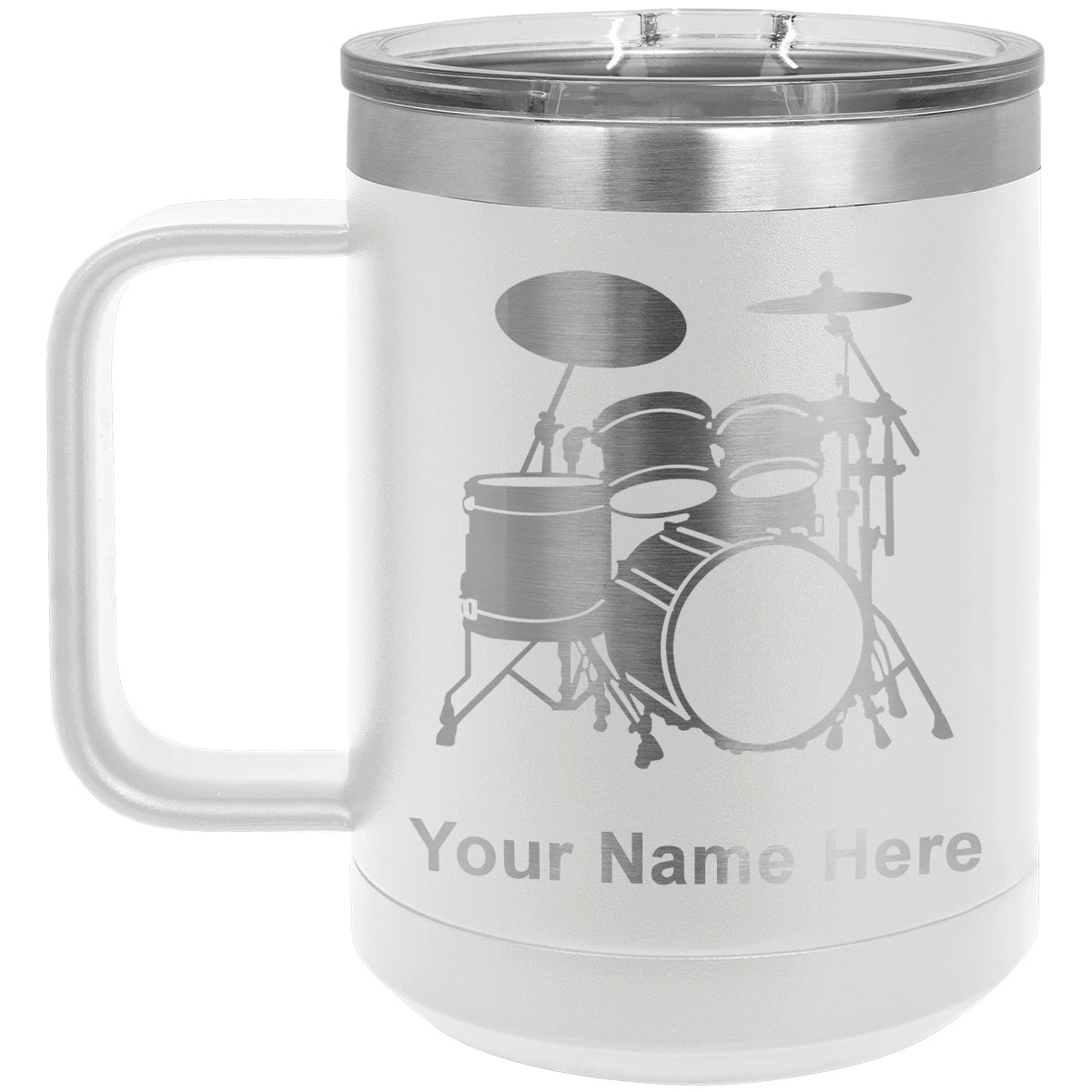 15oz Vacuum Insulated Coffee Mug, Drum Set, Personalized Engraving Included