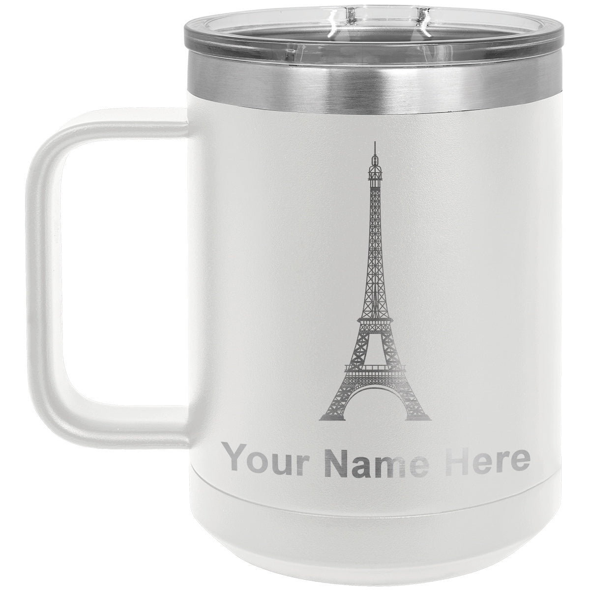 15oz Vacuum Insulated Coffee Mug, Eiffel Tower, Personalized Engraving Included