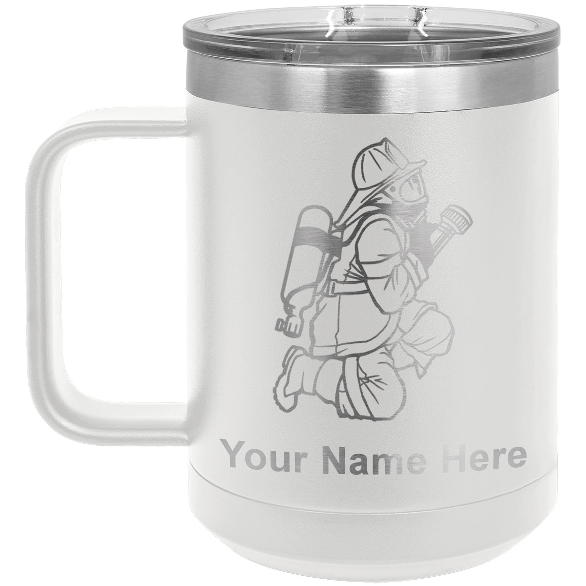 15oz Vacuum Insulated Coffee Mug, Fireman with Hose, Personalized Engraving Included