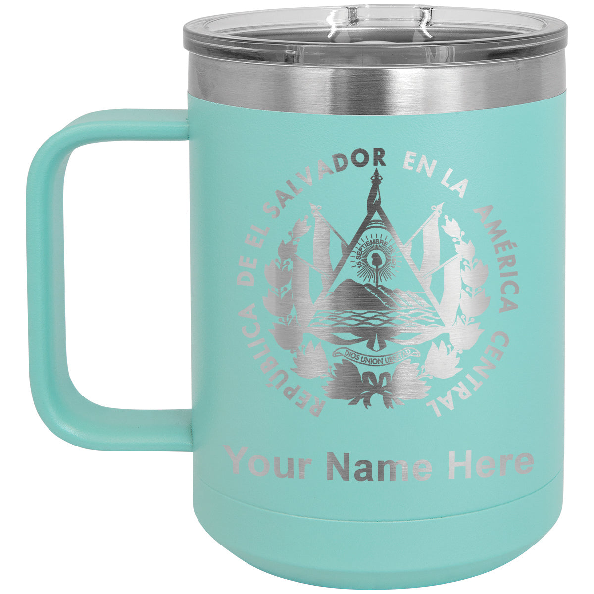 15oz Vacuum Insulated Coffee Mug, Flag of El Salvador, Personalized Engraving Included