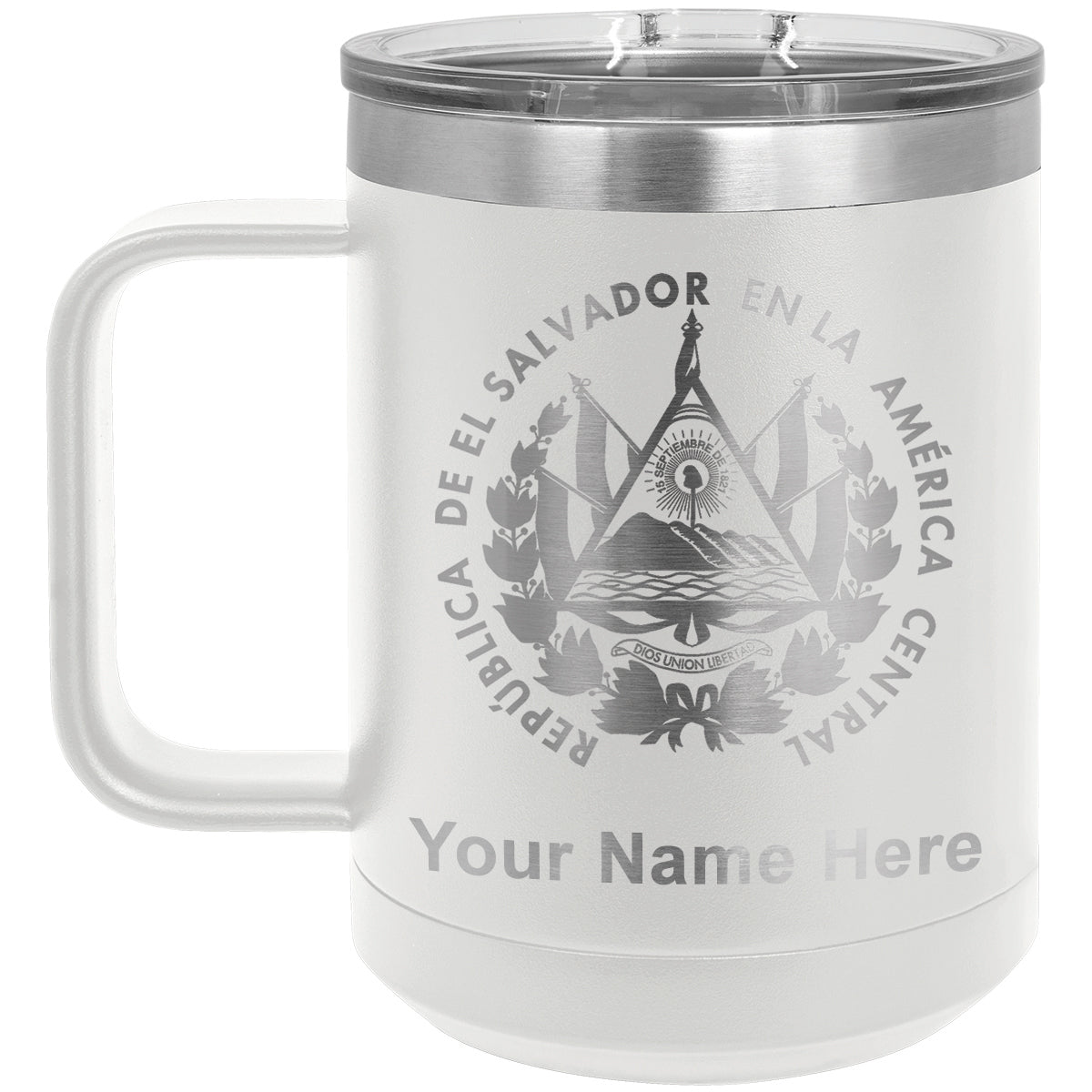 15oz Vacuum Insulated Coffee Mug, Flag of El Salvador, Personalized Engraving Included