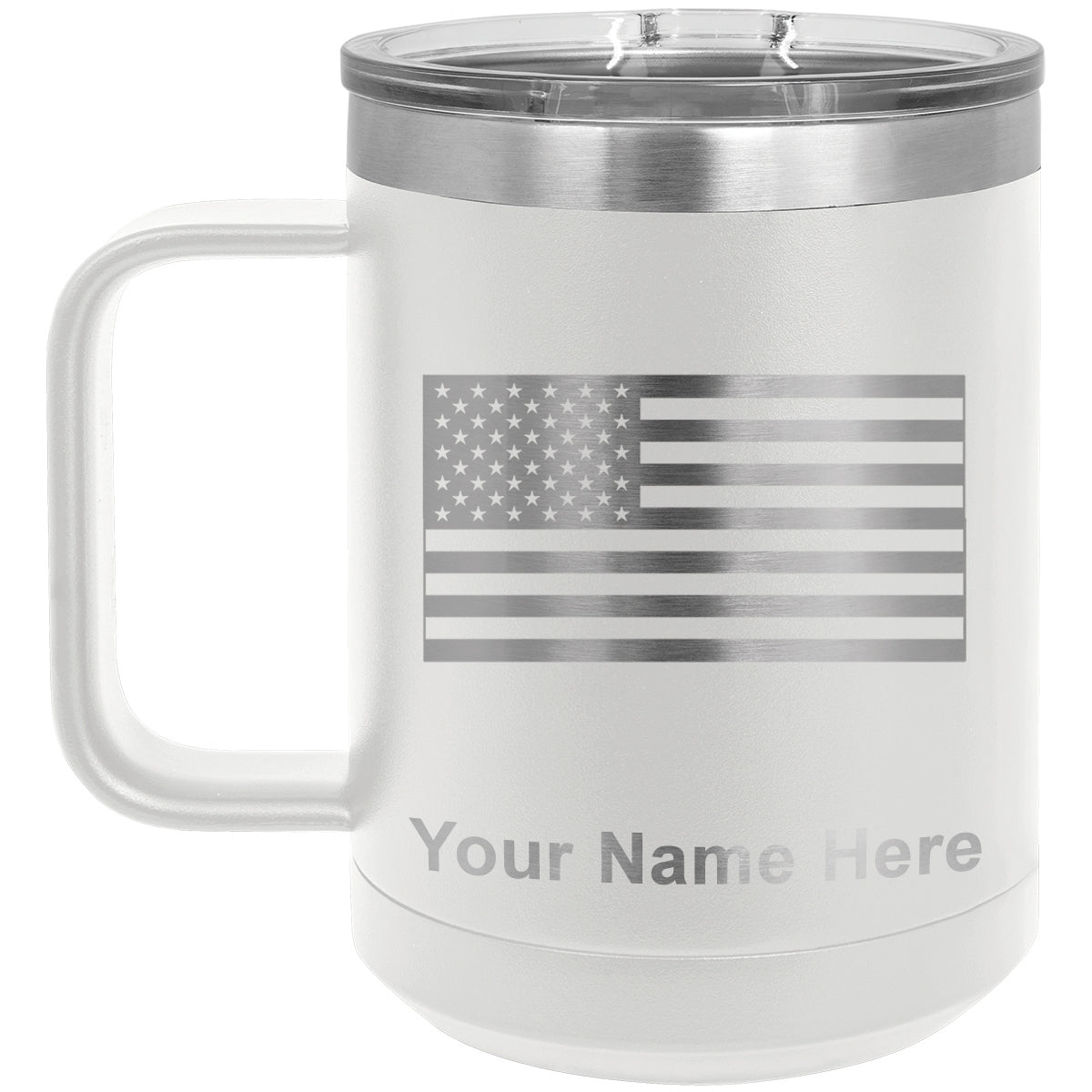 15oz Vacuum Insulated Coffee Mug, Flag of the United States, Personalized Engraving Included