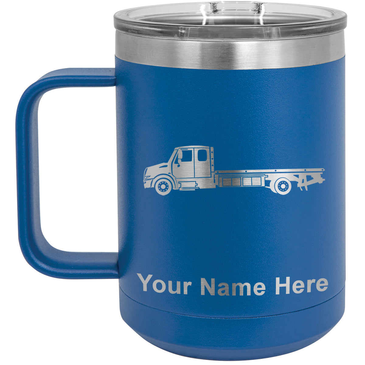 15oz Vacuum Insulated Coffee Mug, Flat Bed Tow Truck, Personalized Engraving Included