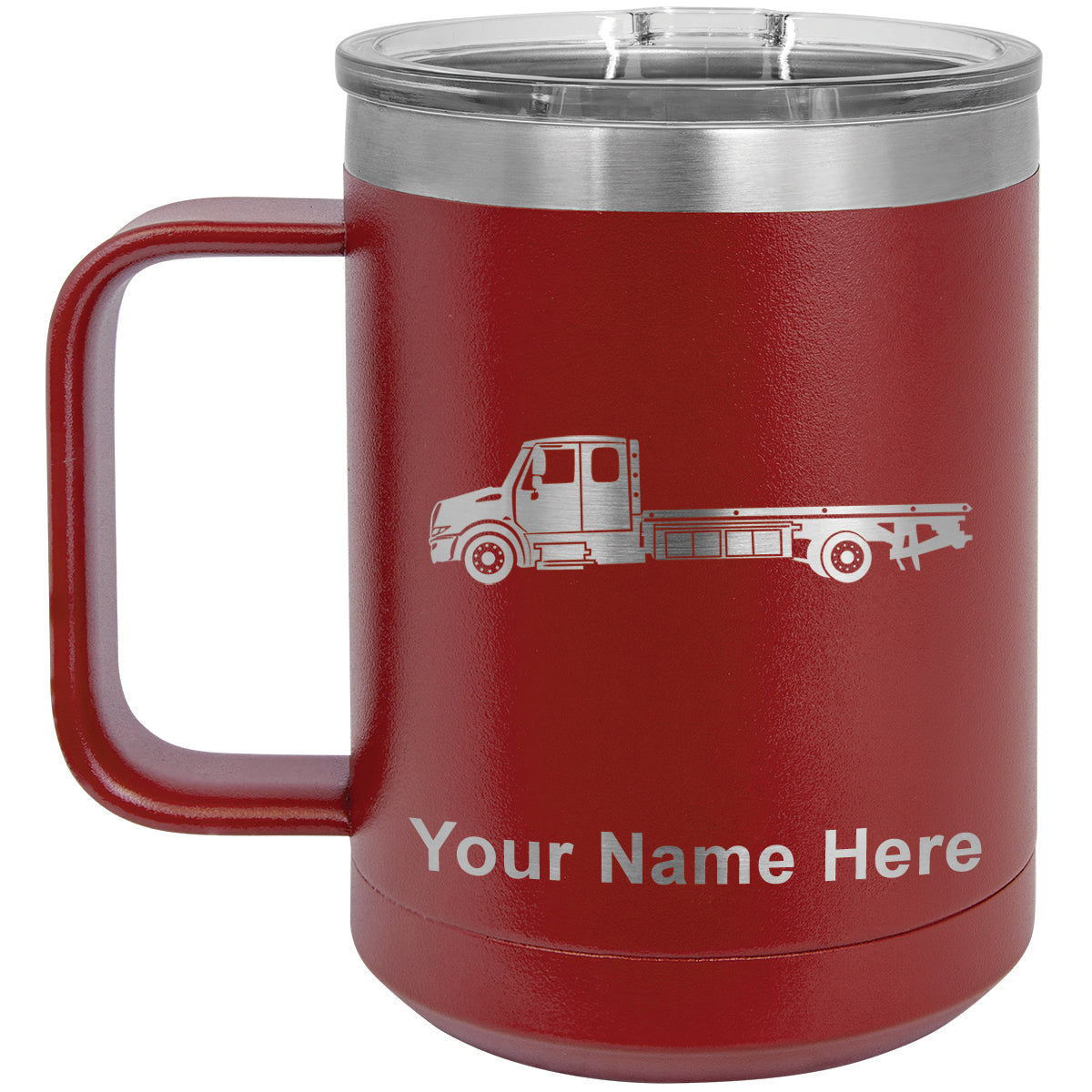 15oz Vacuum Insulated Coffee Mug, Flat Bed Tow Truck, Personalized Engraving Included