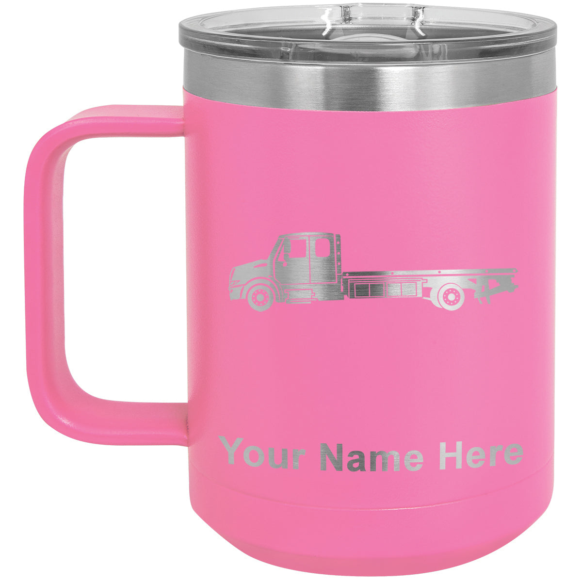 15oz Vacuum Insulated Coffee Mug, Flat Bed Tow Truck, Personalized Engraving Included