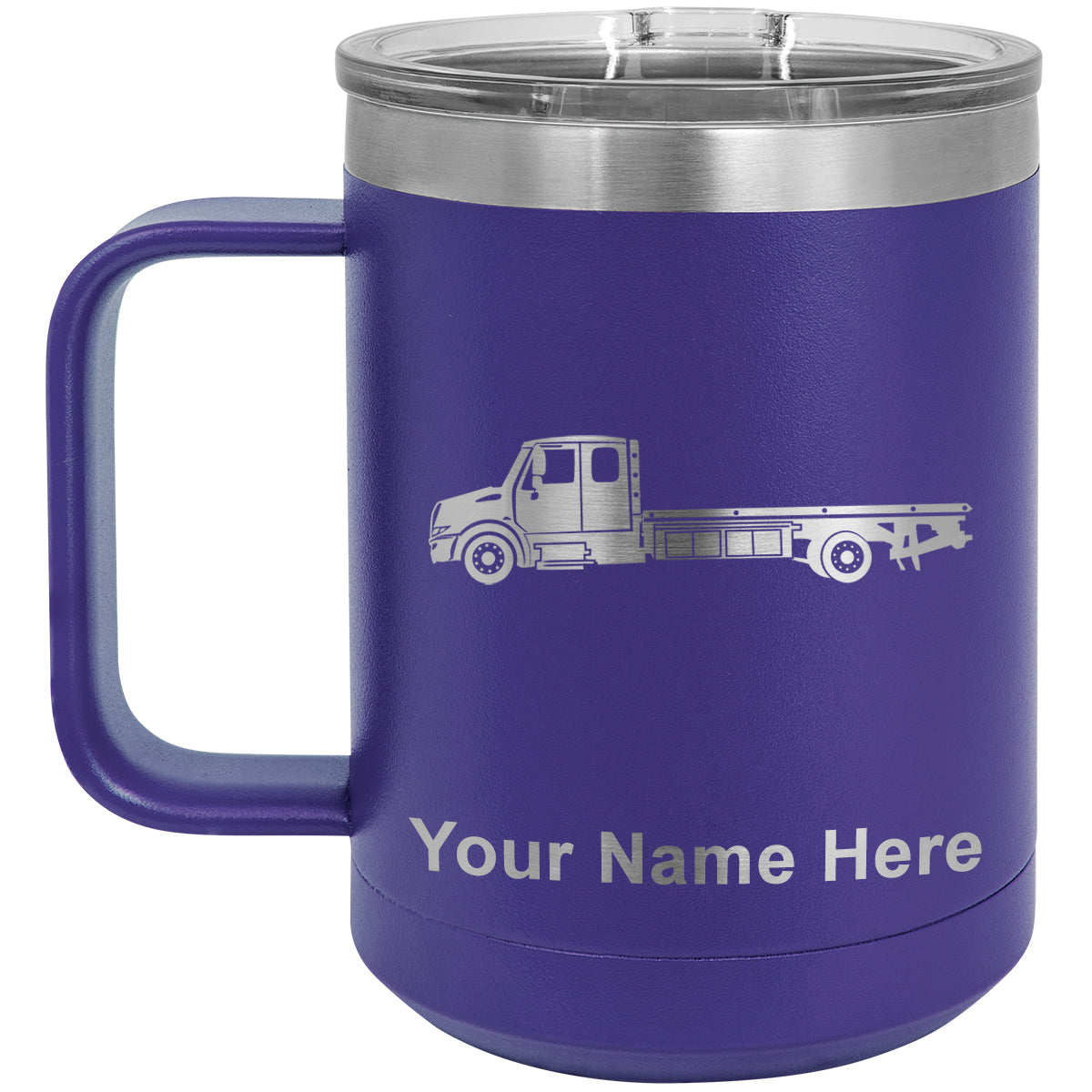 15oz Vacuum Insulated Coffee Mug, Flat Bed Tow Truck, Personalized Engraving Included
