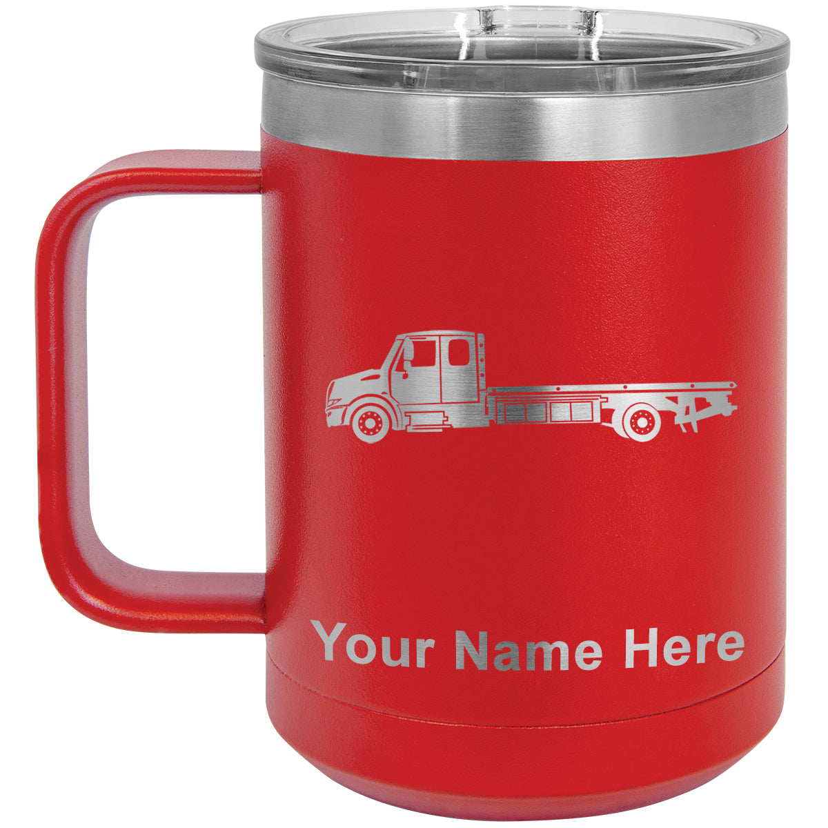 15oz Vacuum Insulated Coffee Mug, Flat Bed Tow Truck, Personalized Engraving Included