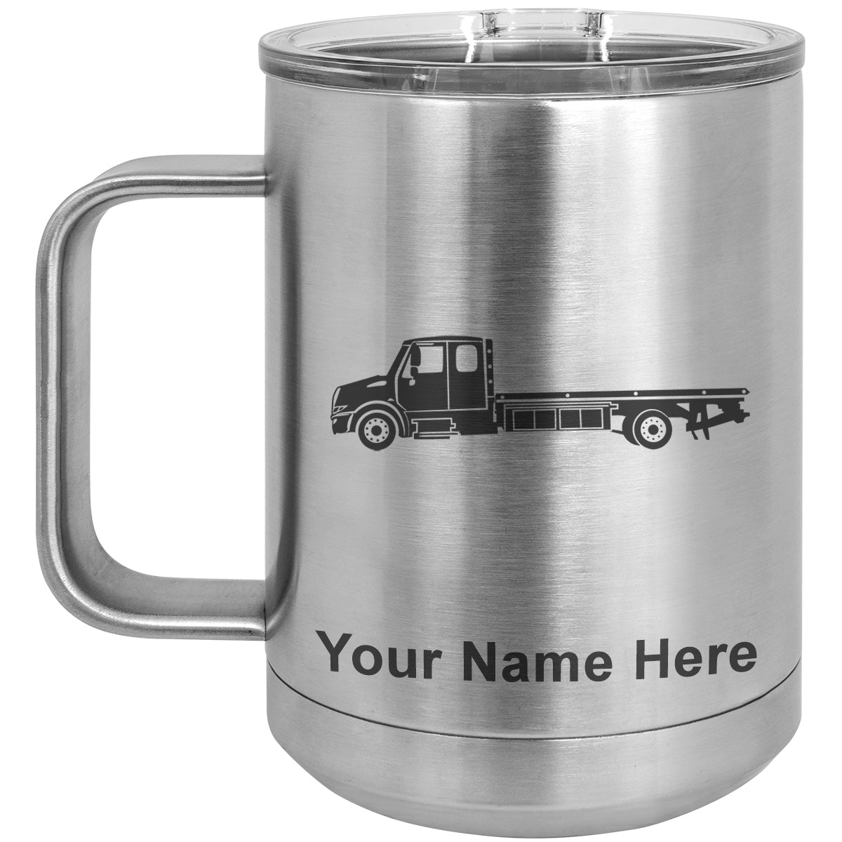 15oz Vacuum Insulated Coffee Mug, Flat Bed Tow Truck, Personalized Engraving Included