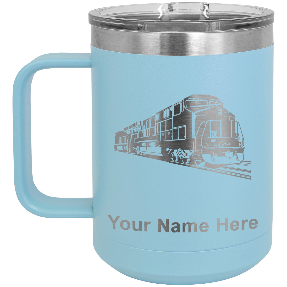 15oz Vacuum Insulated Coffee Mug, Freight Train, Personalized Engraving Included