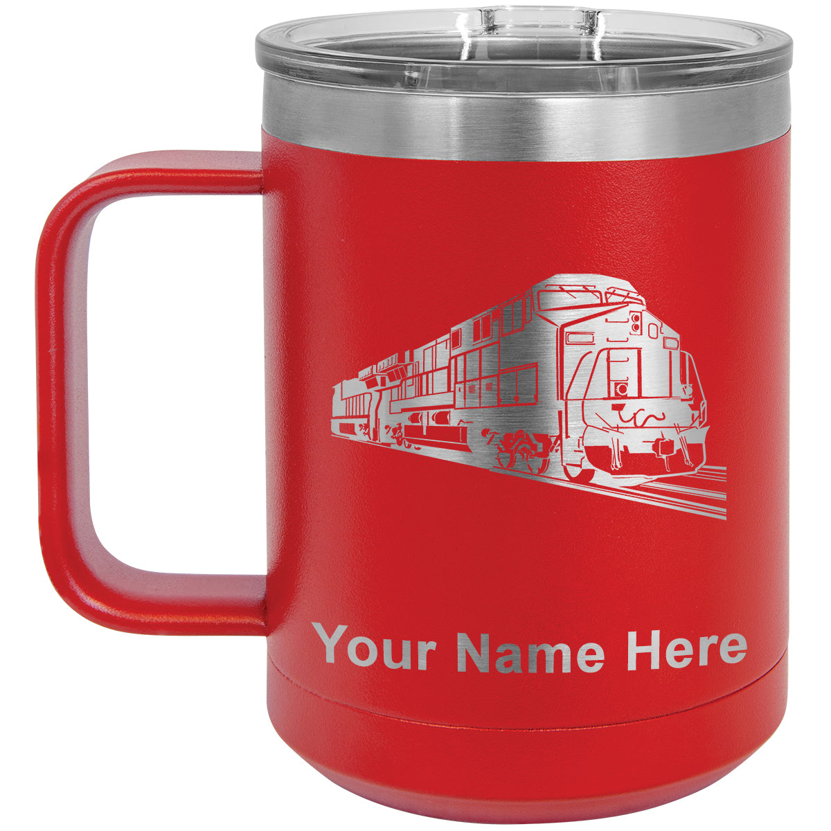 15oz Vacuum Insulated Coffee Mug, Freight Train, Personalized Engraving Included