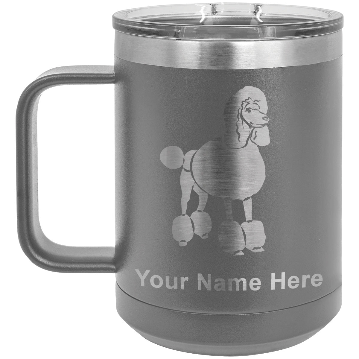 15oz Vacuum Insulated Coffee Mug, French Poodle Dog, Personalized Engraving Included