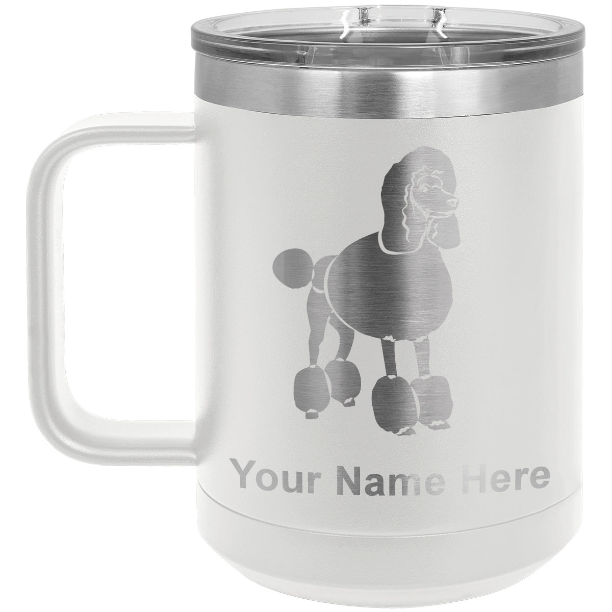 15oz Vacuum Insulated Coffee Mug, French Poodle Dog, Personalized Engraving Included