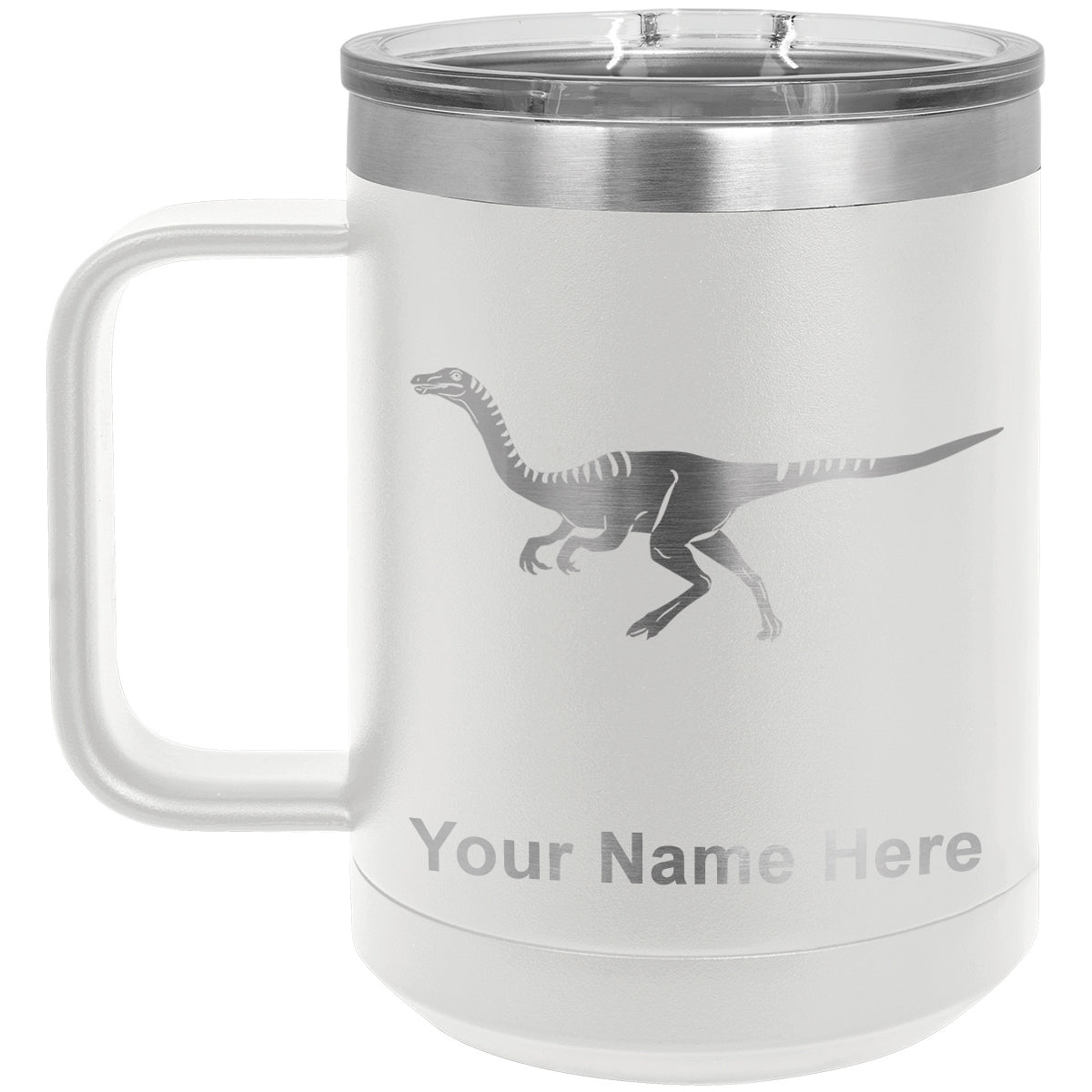 15oz Vacuum Insulated Coffee Mug, Gallimimus Dinosaur, Personalized Engraving Included
