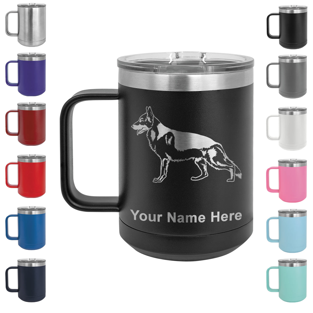 15oz Vacuum Insulated Coffee Mug, German Shepherd Dog, Personalized Engraving Included