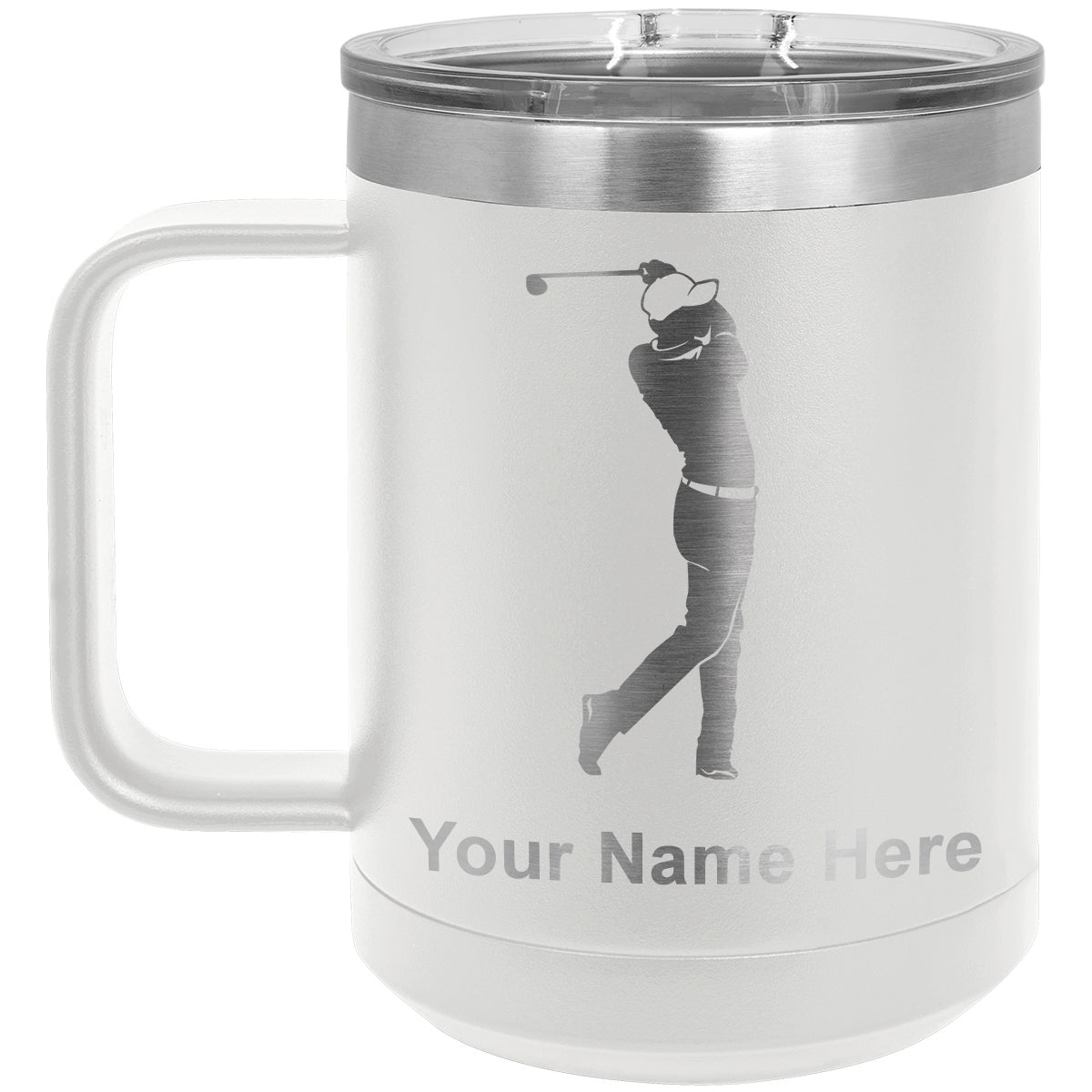 15oz Vacuum Insulated Coffee Mug, Golfer Golfing, Personalized Engraving Included